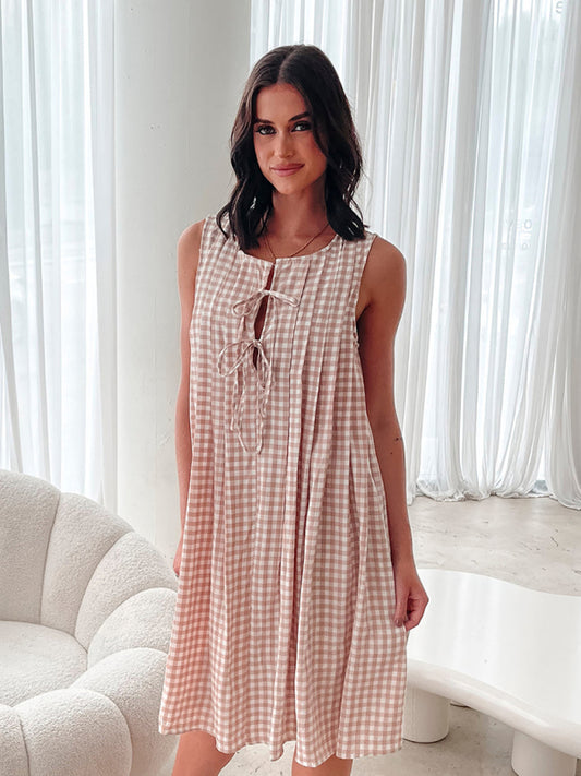 Plaid V-Neck Lace-Up Sleeveless Dress – Lightweight Spring-Summer Style