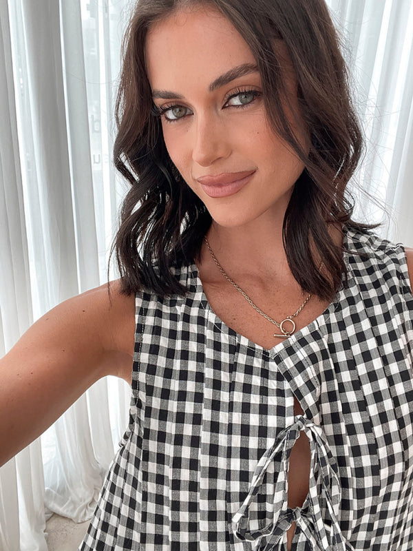 Plaid V-Neck Lace-Up Sleeveless Dress – Lightweight Spring-Summer Style