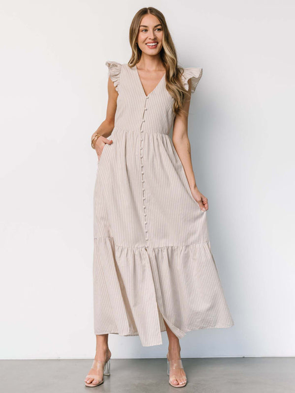Women's Stripe Printed Holiday Bohemian V-Neck Shirt Dress