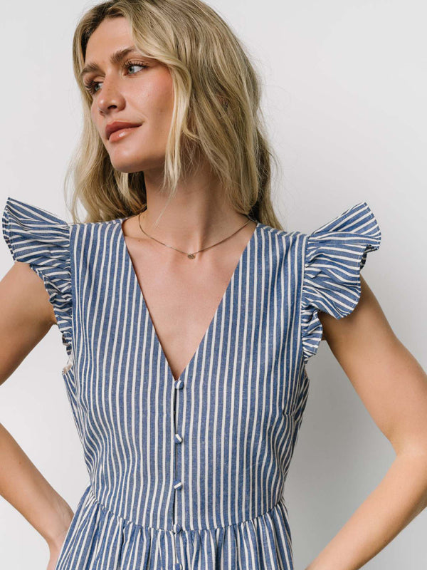 Women's Stripe Printed Holiday Bohemian V-Neck Shirt Dress