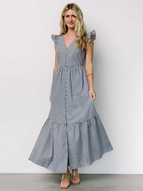 Women's Stripe Printed Holiday Bohemian V-Neck Shirt Dress