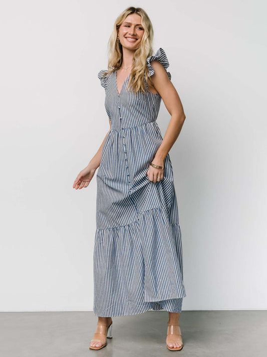 Women's Stripe Printed Holiday Bohemian V-Neck Shirt Dress