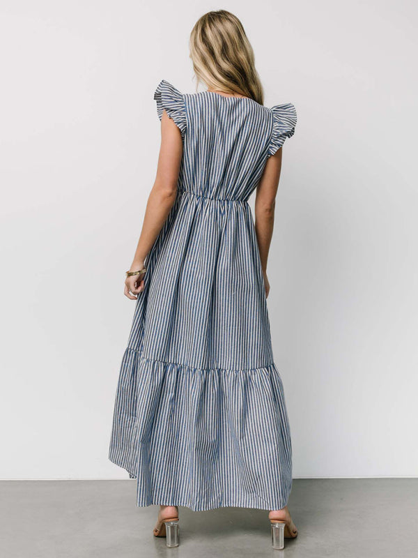 Women's Stripe Printed Holiday Bohemian V-Neck Shirt Dress