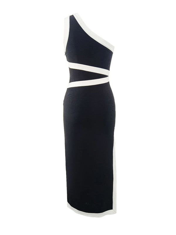 One-Shoulder Colorblock Maxi Dress – Elegant Black Dress with Waist Tie