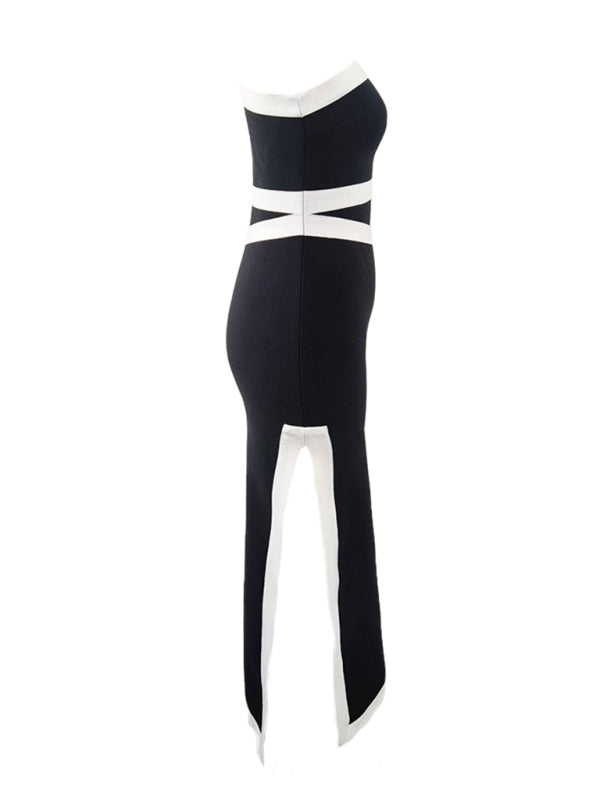 One-Shoulder Colorblock Maxi Dress – Elegant Black Dress with Waist Tie