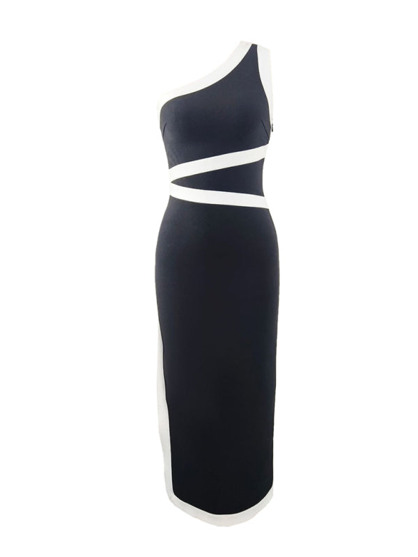 One-Shoulder Colorblock Maxi Dress – Elegant Black Dress with Waist Tie