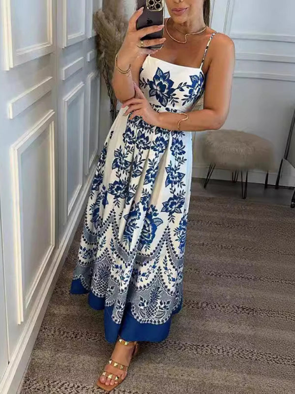 Ethnic-Inspired Symmetrical Print Maxi Dress with Adjustable Straps – Blue