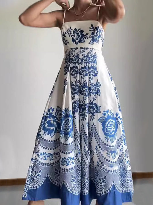 Ethnic-Inspired Symmetrical Print Maxi Dress with Adjustable Straps – Blue