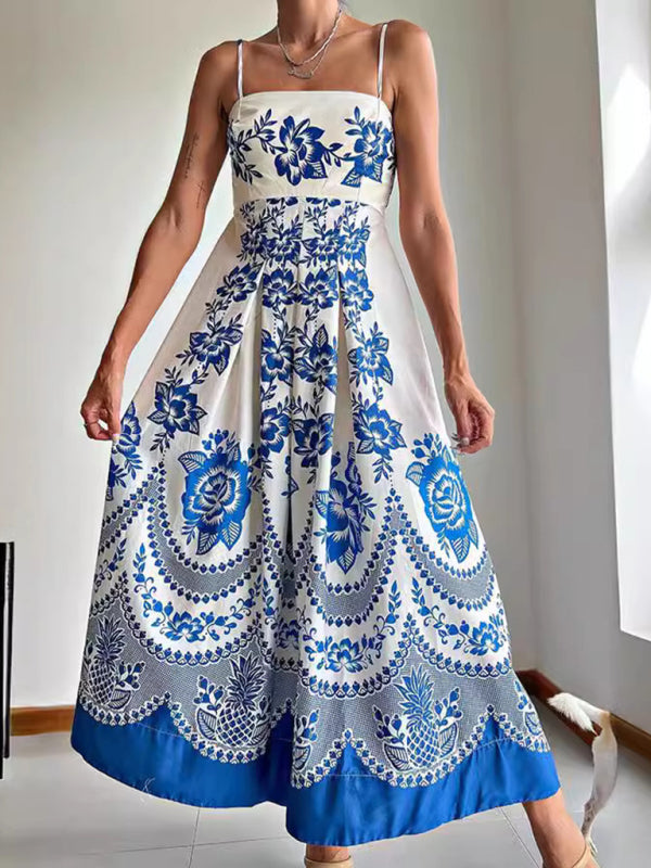 Ethnic-Inspired Symmetrical Print Maxi Dress with Adjustable Straps – Blue
