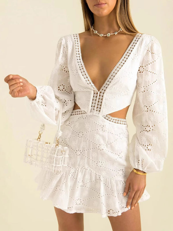 V-Neck Lace Waist Dress – Lightweight Woven Fabric, Spring-Summer Style