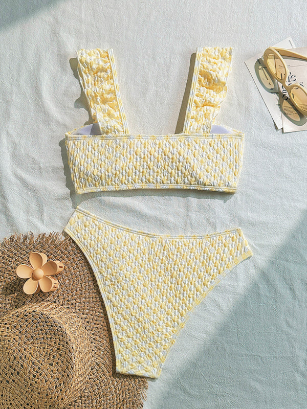 Yellow Bow Ruffle Bikini Set – High Elastic Knit, Sexy Fit for Summer