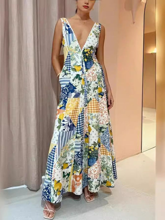 Printed Sleeveless V-Neck Swing Dress – Linen Blend Maxi for Vacation & Summer