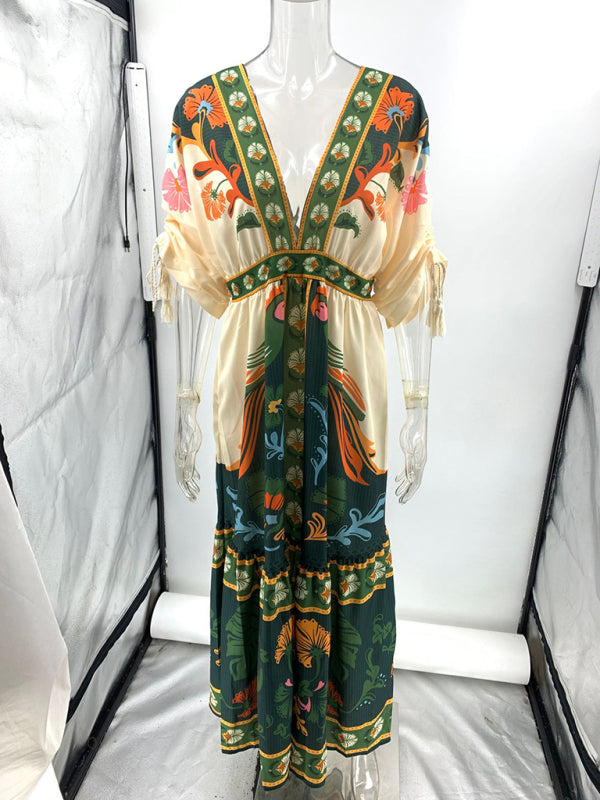 V-Neck Ethnic Print Linen Maxi Dress