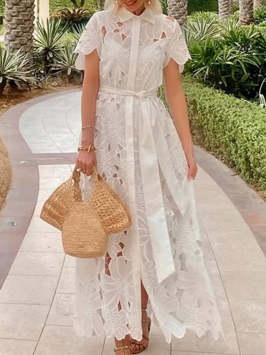 White Lace Knit Cardigan Dress – Single Breasted, Spring-Summer Style