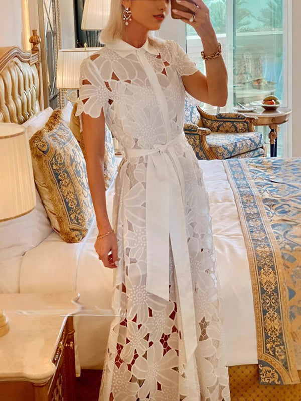 White Lace Knit Cardigan Dress – Single Breasted, Spring-Summer Style