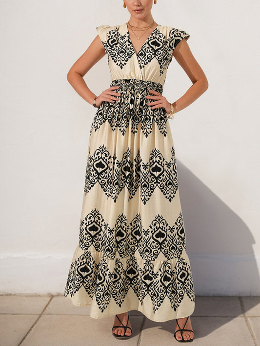 New style holiday style printed dress ethnic casual V-neck high waist flying sleeve long dress
