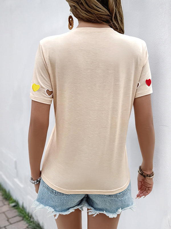 Casual sweet style heart embroidered hollow short-sleeved T-shirt