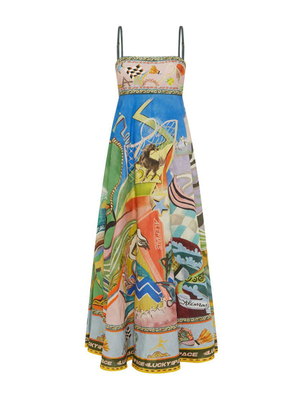 Sunflower Print Linen Suspender Dress – Flowy Vacation Style