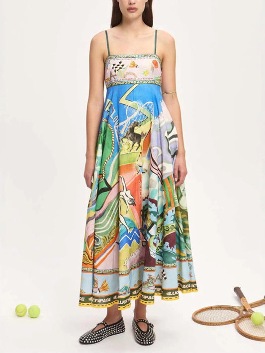 Sunflower Print Linen Suspender Dress – Flowy Vacation Style