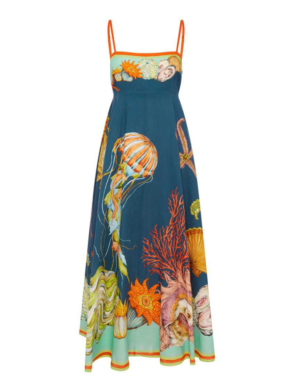 New holiday swing graffiti cotton and linen sleeveless suspender dress