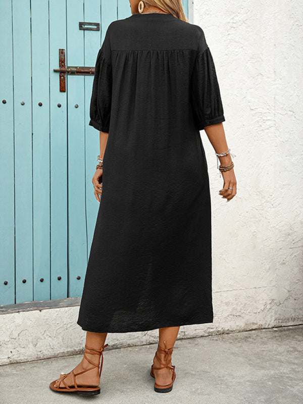 Black Embroidered Rayon Midi Dress – Loose Fit with Five-Point Sleeves