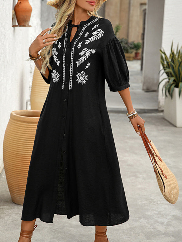 Black Embroidered Rayon Midi Dress – Loose Fit with Five-Point Sleeves