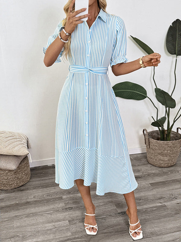 Striped Shirt Dress with Puff Sleeves and Lapel – Spring-Summer Daily Style