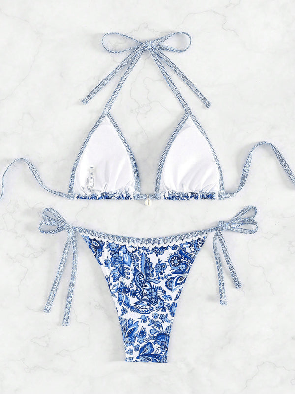 Blue Floral Strappy Bikini Set – High Stretch & Vacation-Ready Fit