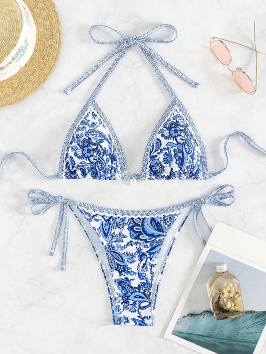 Blue Floral Strappy Bikini Set – High Stretch & Vacation-Ready Fit