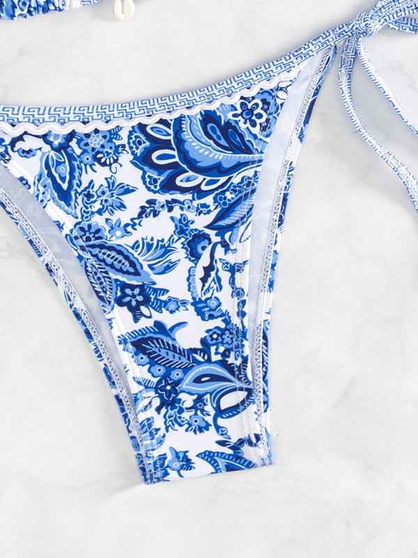 Blue Floral Strappy Bikini Set – High Stretch & Vacation-Ready Fit