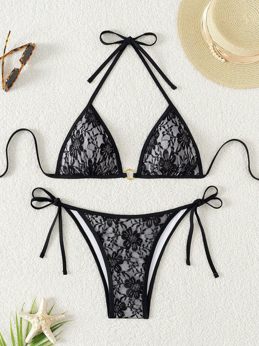 Black Lace Halter Bikini – Vacation Style with High Elasticity Fit