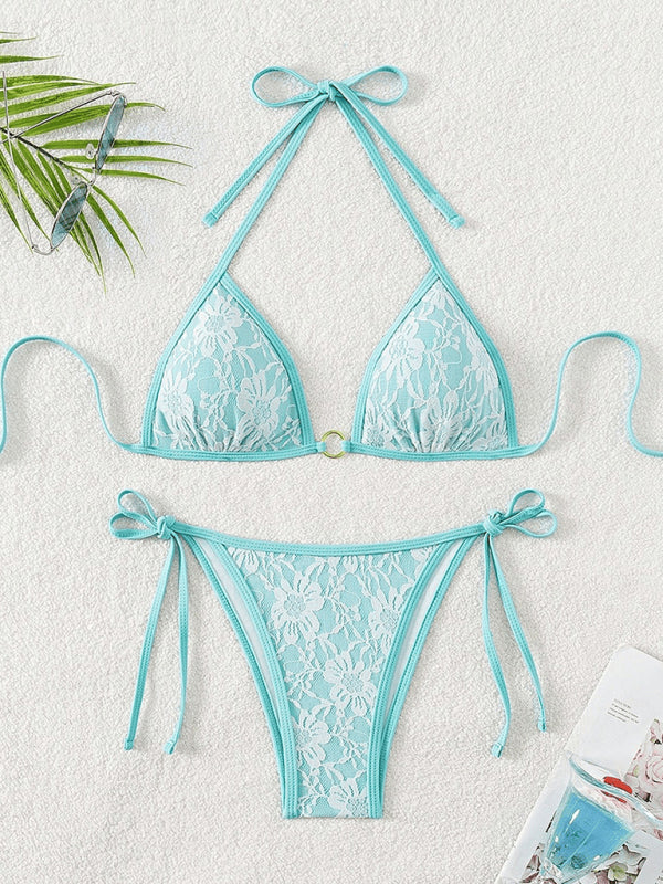 Backless Lace Bikini Set – Vacation-Inspired, High-Stretch Fit in Patterned Design