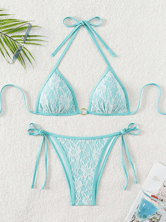 Backless Lace Bikini Set – Vacation-Inspired, High-Stretch Fit in Patterned Design