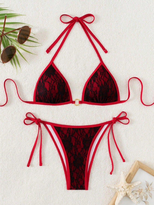 Black Lace & Red Backless Bikini – High Stretch Knit for Vacation Chic