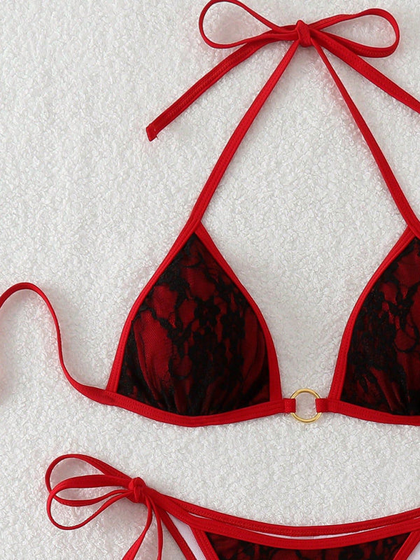 Black Lace & Red Backless Bikini – High Stretch Knit for Vacation Chic