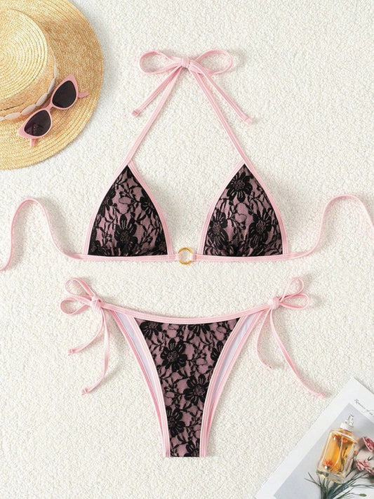 Black Lace & Pink Backless Bikini – High Stretch Vacation Swimwear