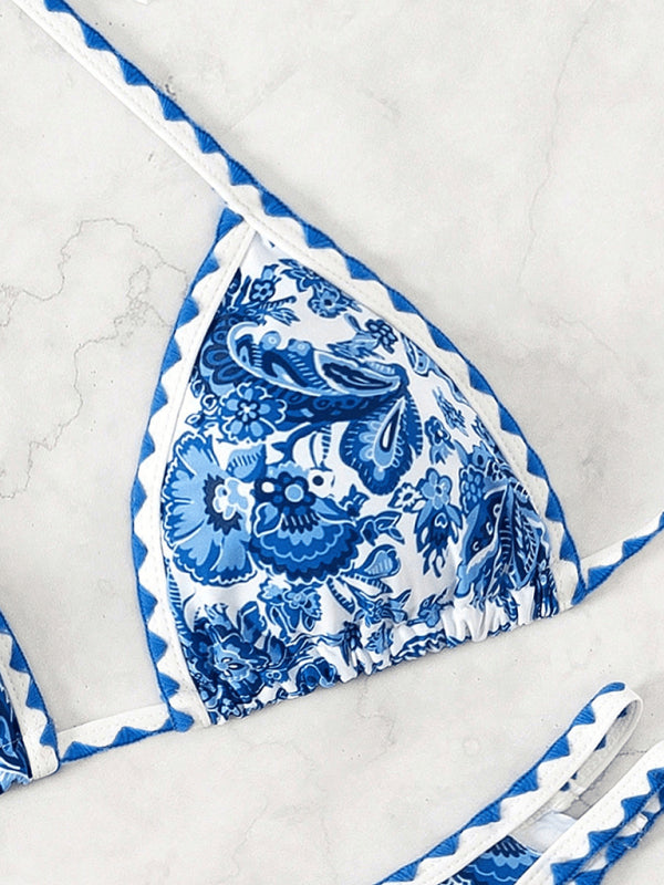 Blue Halter Neck Printed Bikini Set – High Stretch, Vacation Style Swimwear