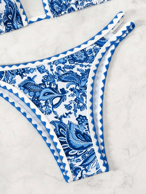 Blue Halter Neck Printed Bikini Set – High Stretch, Vacation Style Swimwear