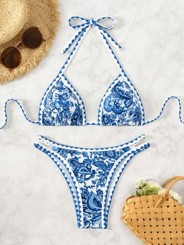 Blue Halter Neck Printed Bikini Set – High Stretch, Vacation Style Swimwear