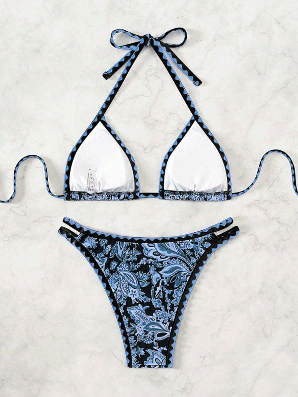 Dark blue printed halter neck sexy bikini