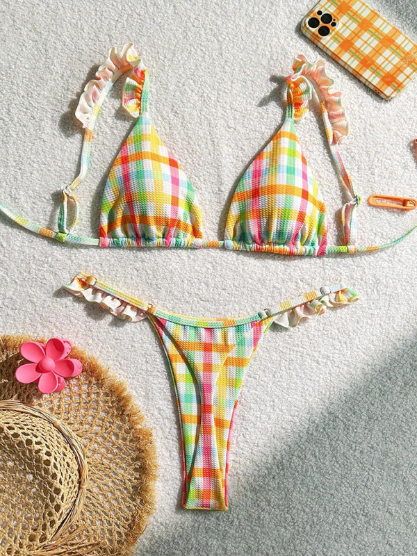 Check Lace Bikini Set – High Elasticity Nylon, Vacation Style