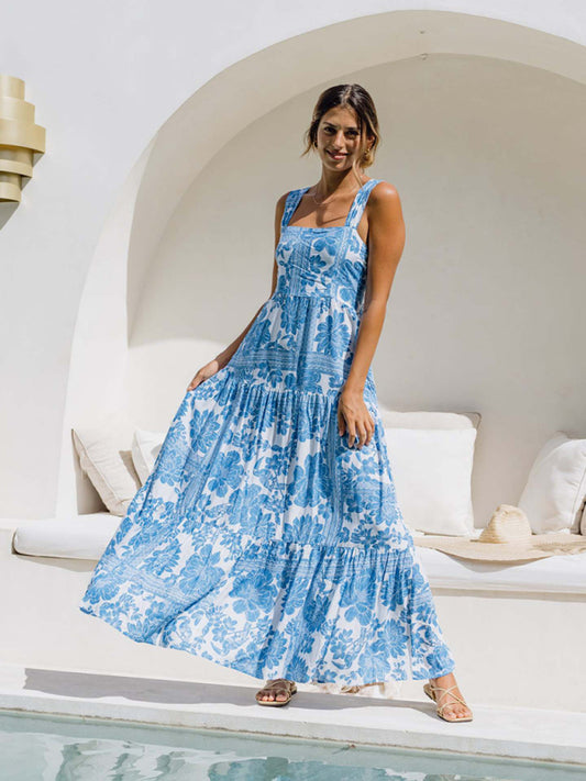 Blue Boho Floral Maxi Beach Dress