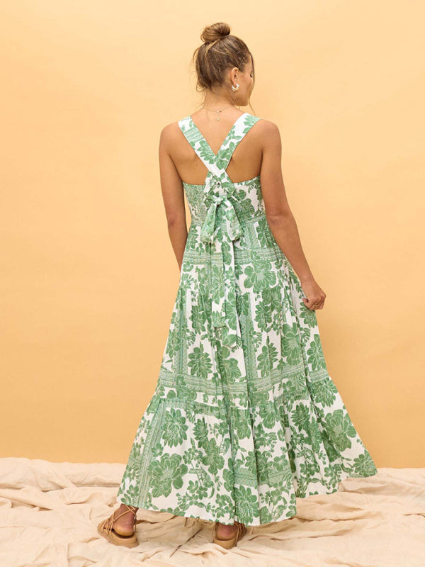 Green Boho Floral Maxi Beach Dress