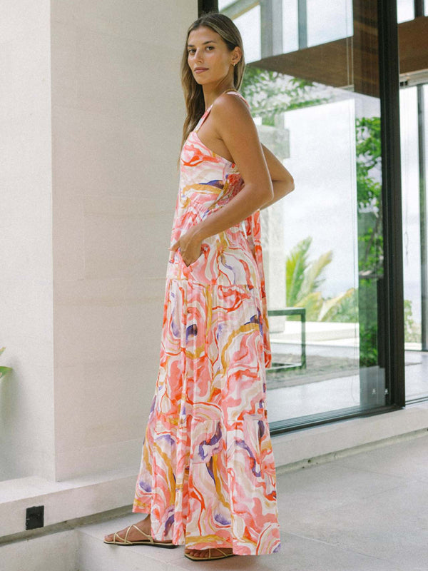 Orange Floral Bohemian Maxi Beach Dress – Lightweight Vacation Sundress