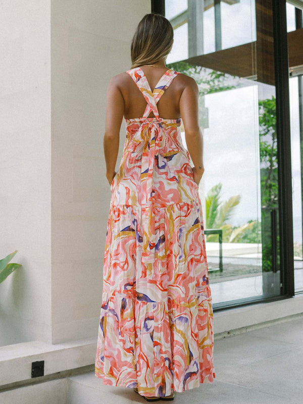 Orange Floral Bohemian Maxi Beach Dress – Lightweight Vacation Sundress