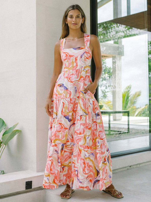 Orange Floral Bohemian Maxi Beach Dress – Lightweight Vacation Sundress