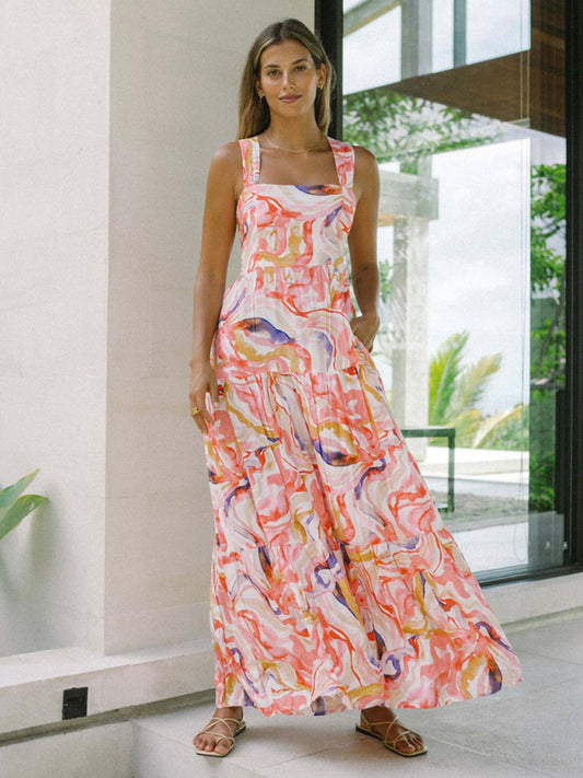 Orange Floral Bohemian Maxi Beach Dress – Lightweight Vacation Sundress