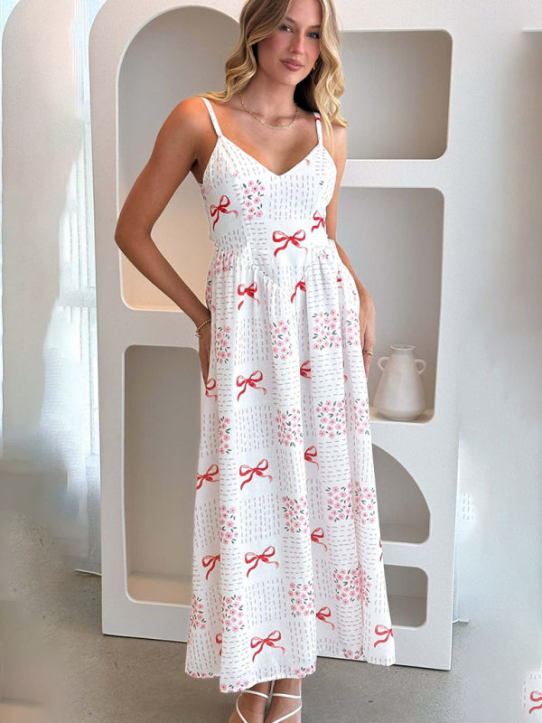 Boho Backless V-Neck Holiday Dress with Waist Tie & Bow Print – Red or Blue