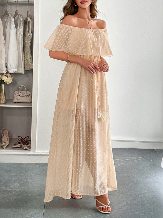 Strapless Short Sleeve Long Dress – Elegant Fit with Waist Detail