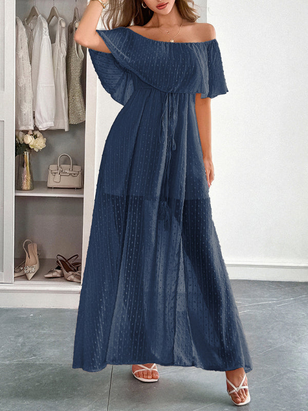 Strapless Short Sleeve Long Dress – Elegant Fit with Waist Detail